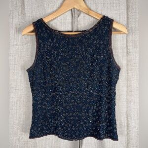 ADRIANNA PAPELL Occasions Sleeveless Top Navy Beaded 100% Silk Sz 6 Evening